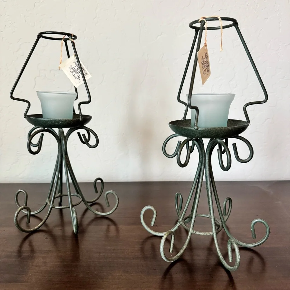 New Vintage Mexican Metal Candle Holders Set of 2 Frosted Glass Tea Light